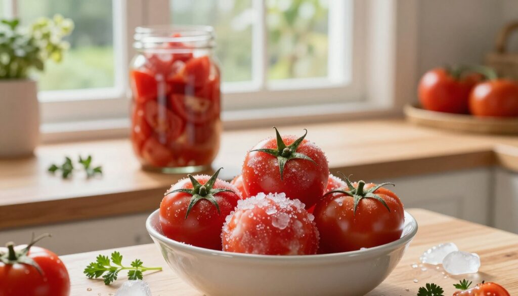 A vibrant kitchen scene displaying a bowl of frozen tomatoes in the foreground, surrounded by ice crystals and scattered fresh herbs for added detail. In the middle, an elegant wooden countertop contrasts with a glass jar filled with frozen tomato chunks, emphasizing their freshness. The background features a sunlit window revealing a blurred garden, symbolizing the harvest. Soft, natural lighting spills in, creating a warm and inviting atmosphere. The image should convey a sense of culinary preparation, showcasing the tomatoes in their ideal state for preserving flavor. Use a shallow depth of field to keep the focus on the frozen tomatoes while softly blurring the background elements. A vibrant kitchen scene displaying a bowl of frozen tomatoes in the foreground, surrounded by ice crystals and scattered fresh herbs for added detail. In the middle, an elegant wooden countertop contrasts with a glass jar filled with frozen tomato chunks, emphasizing their freshness. The background features a sunlit window revealing a blurred garden, symbolizing the harvest. Soft, natural lighting spills in, creating a warm and inviting atmosphere. The image should convey a sense of culinary preparation, showcasing the tomatoes in their ideal state for preserving flavor. Use a shallow depth of field to keep the focus on the frozen tomatoes while softly blurring the background elements.