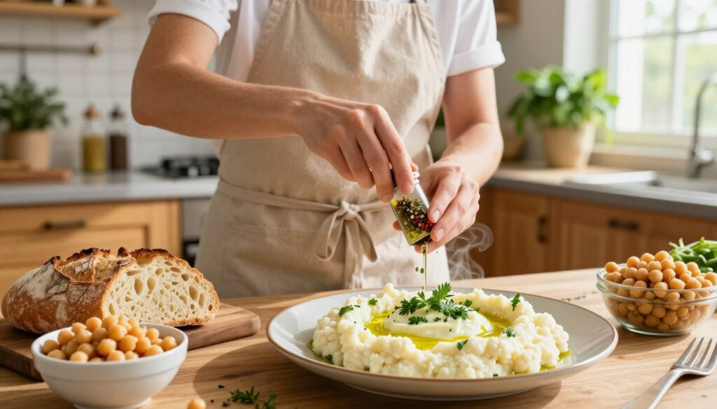 A vibrant kitchen scene showcasing a quick cauliflower dish. In the foreground, a steaming plate of creamy cauliflower puree garnished with fresh herbs and a drizzle of olive oil. Next to it, a rustic loaf of crusty bread and a small bowl of chickpea salad for contrast. In the middle, a cheerful chef, wearing a neat, modest apron, is adding spices from a colorful spice rack. The background features warm wood cabinetry and bright green plants for a lively atmosphere, illuminated by natural sunlight streaming through a window. Soft shadows enhance the cozy, inviting mood, capturing the essence of a quick and healthy meal. A vibrant kitchen scene showcasing a quick cauliflower dish. In the foreground, a steaming plate of creamy cauliflower puree garnished with fresh herbs and a drizzle of olive oil. Next to it, a rustic loaf of crusty bread and a small bowl of chickpea salad for contrast. In the middle, a cheerful chef, wearing a neat, modest apron, is adding spices from a colorful spice rack. The background features warm wood cabinetry and bright green plants for a lively atmosphere, illuminated by natural sunlight streaming through a window. Soft shadows enhance the cozy, inviting mood, capturing the essence of a quick and healthy meal.