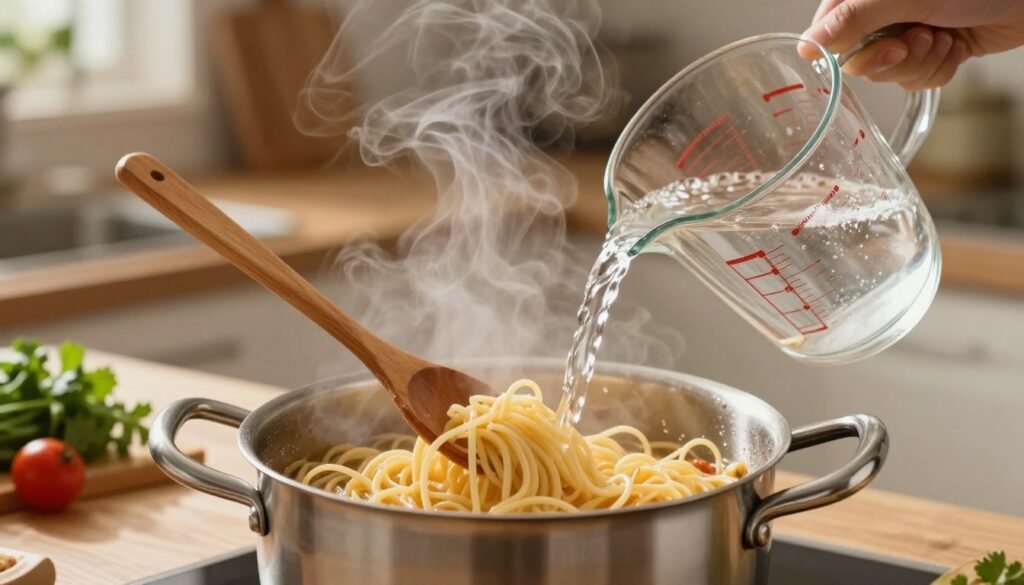 A vibrant kitchen scene showcasing a steaming pot of pasta being refreshed with boiling water. In the foreground, a wooden spoon stirs the pasta, allowing steam to rise dramatically, capturing the essence of quick rejuvenation. In the middle, a metal pot is full of pasta, while a clear glass measuring cup pours hot water from the side, emphasizing the concept of moisture adding life to the dish. The background features a cozy kitchen ambiance with warm lighting illuminating the countertop and a few herbs for garnish. A soft focus on the surrounding elements creates a sense of warmth and comfort, highlighting the freshness and deliciousness of perfectly prepared pasta. The atmosphere is inviting and homey, perfect for culinary storytelling.