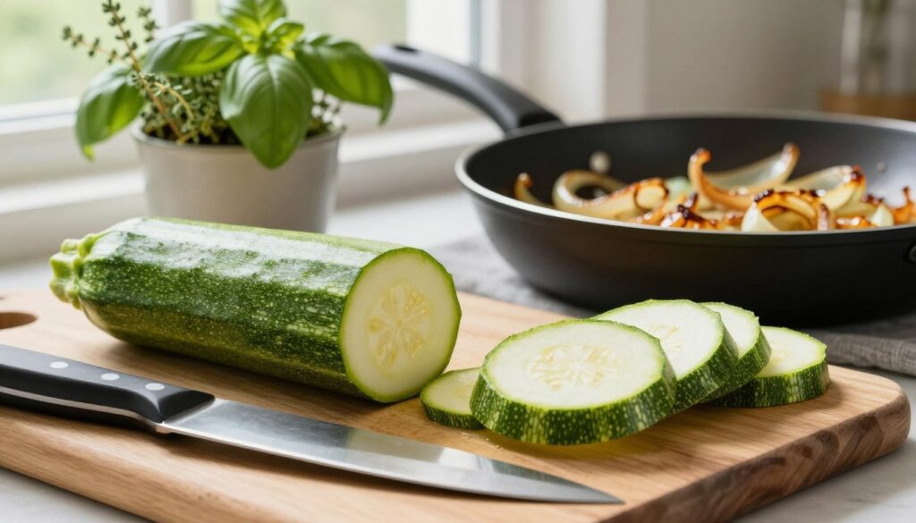 A vibrant kitchen scene showcasing freshly cut zucchini slices, beautifully arranged on a wooden cutting board. In the foreground, a sharp kitchen knife rests next to the vibrant green zucchini, highlighting its smooth texture and rich color. To one side, sautéed onions are sizzling in a skillet, their caramelized edges creating a warm golden hue, adding depth to the scene. The middle ground features a small pot of herbs, like basil and thyme, emphasizing freshness and flavor. In the background, soft natural light streams through a window, illuminating the ingredients and creating a cozy, inviting atmosphere. This image focuses on preparation, capturing the essence of cooking with zucchini and onions, while conveying warmth and culinary excitement.