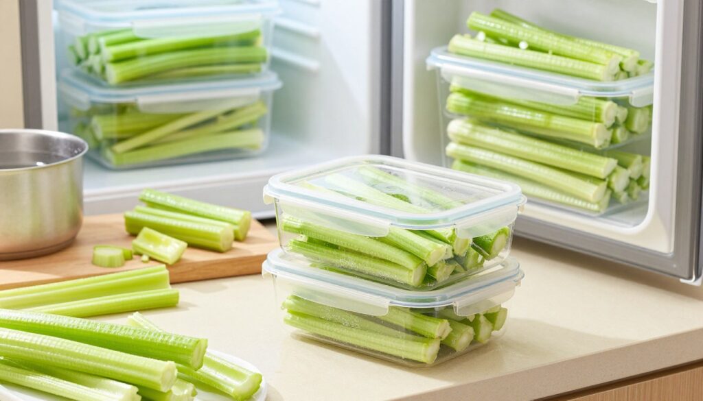 A vibrant kitchen scene showcasing frozen celery stalks stored in clear, labeled containers, emphasizing freshness and organization. In the foreground, a few containers are neatly stacked on a countertop, each filled with bright green celery, partially frosted to indicate cold storage. The middle ground features a wooden cutting board with freshly blanched celery pieces alongside a small pot of boiling water to illustrate the blanching process. In the background, a well-lit freezer door is slightly ajar, revealing more containers of vegetables, giving a sense of abundance and preparation. Soft, natural kitchen lighting creates a warm and inviting atmosphere, with a focus on the textures of the celery and the containers. The angle should be slightly elevated to capture all elements harmoniously. A vibrant kitchen scene showcasing frozen celery stalks stored in clear, labeled containers, emphasizing freshness and organization. In the foreground, a few containers are neatly stacked on a countertop, each filled with bright green celery, partially frosted to indicate cold storage. The middle ground features a wooden cutting board with freshly blanched celery pieces alongside a small pot of boiling water to illustrate the blanching process. In the background, a well-lit freezer door is slightly ajar, revealing more containers of vegetables, giving a sense of abundance and preparation. Soft, natural kitchen lighting creates a warm and inviting atmosphere, with a focus on the textures of the celery and the containers. The angle should be slightly elevated to capture all elements harmoniously.
