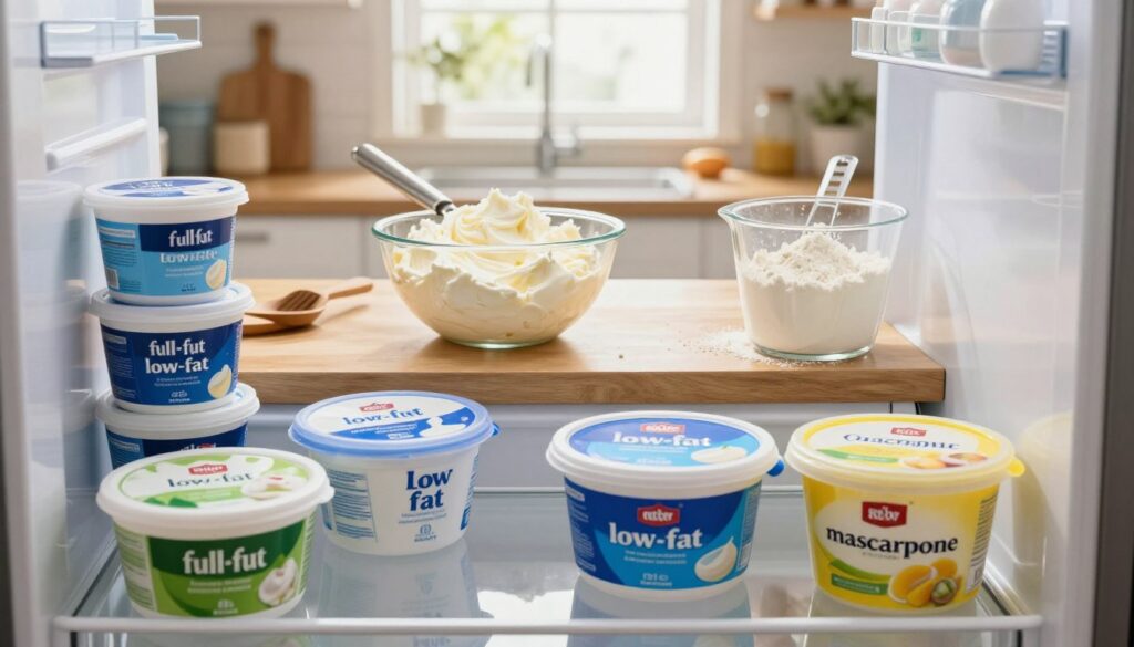 A vibrant kitchen scene showcasing the common mistakes in choosing cream cheese for baking. In the foreground, an open refrigerator door reveals various types of cream cheese: some in elegant packages labeled "full-fat," "low-fat," and "mascarpone," each with unique textures and colors. In the middle, a wooden countertop with mixing bowls and a sifter reveals fluffy cream cheese, alongside a measuring cup overflowing with flour, emphasizing the baking process. In the background, a bright window lets in warm, natural light, creating a cozy atmosphere. The scene conveys both a professional baking space and the minor pitfalls, such as overly runny cream cheese or mislabelled products, all while maintaining a focus on quality and use in desserts. A vibrant kitchen scene showcasing the common mistakes in choosing cream cheese for baking. In the foreground, an open refrigerator door reveals various types of cream cheese: some in elegant packages labeled "full-fat," "low-fat," and "mascarpone," each with unique textures and colors. In the middle, a wooden countertop with mixing bowls and a sifter reveals fluffy cream cheese, alongside a measuring cup overflowing with flour, emphasizing the baking process. In the background, a bright window lets in warm, natural light, creating a cozy atmosphere. The scene conveys both a professional baking space and the minor pitfalls, such as overly runny cream cheese or mislabelled products, all while maintaining a focus on quality and use in desserts.