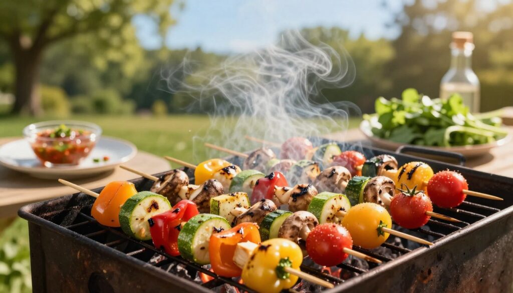 A vibrant outdoor barbecue scene featuring skewers of grilled vegetables in various colors, including bell peppers, zucchini, mushrooms, and cherry tomatoes. The foreground showcases the skewers sizzling on a grill, with steam wafting upwards. In the middle ground, there are plates with marinades and fresh herbs, emphasizing the preparation process. In the background, lush green trees and a clear blue sky add a serene atmosphere, hinting at a warm summer day. The lighting is warm and golden, casting soft shadows and highlighting the fresh vegetables’ colors. The angle is slightly elevated, giving a clear view of the grilling action while maintaining an inviting and appetizing mood.