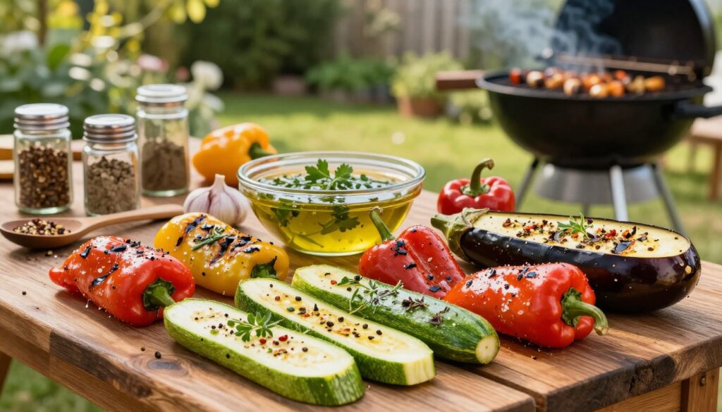 A vibrant outdoor scene featuring an array of colorful grilled vegetables arranged artfully on a rustic wooden table. In the foreground, close-up shots of marinated zucchini, bell peppers, and eggplant glistening with spices and herbs. The middle ground showcases a bowl of fragrant marinade made from olive oil, garlic, and fresh herbs, with scattered spice jars and a wooden spoon beside it. In the background, a sunlit garden with a grill sizzling in action, creating a warm and inviting atmosphere. Soft, natural lighting enhances the richness of colors. The angle is slightly elevated, capturing the textures of the vegetables and the essence of summer grilling. The mood is cheerful and appetizing, perfect for igniting culinary inspiration.