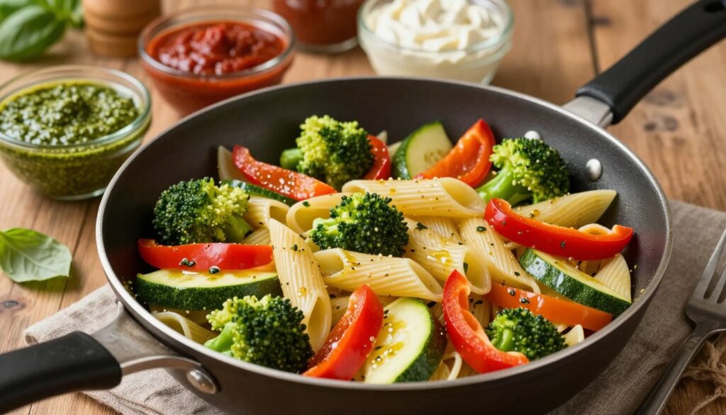A vibrant overhead view of a sizzling skillet filled with colorful vegetables, including bell peppers, zucchini, and broccoli, tossed with cooked pasta. The pasta should be perfectly textured and glistening with a light olive oil coating. In the background, a variety of sauces like pesto, marinara, and alfredo are subtly arranged on a rustic wooden table to represent different pairing options. Warm, inviting lighting enhances the freshness of the ingredients, creating a joyful cooking atmosphere. The angle should capture the skillet as the focal point, showcasing the harmony of colors and textures, emphasizing a healthy and delicious meal. The setting should be a cozy kitchen, slightly blurred to convey depth and warmth without detracting from the main subject.