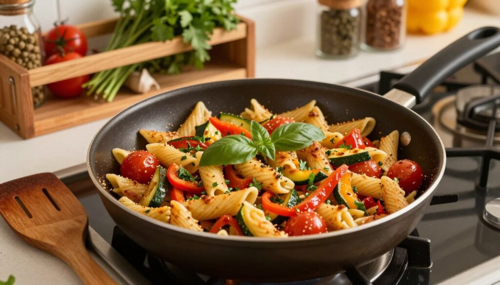 A vibrant scene of a skillet overflowing with crispy, leftover pasta, expertly sautéed with colorful vegetables like bell peppers, zucchini, and cherry tomatoes. The pasta is golden-brown, with a sprinkle of fresh herbs, like basil and parsley, adding a touch of green. In the foreground, place a wooden spatula resting beside the pan. The middle ground features a modern kitchen setting, with warm, inviting lighting that casts a soft glow over the scene, emphasizing the delicious texture of the food. The background includes rustic wooden shelves filled with various herbs and spices, enhancing the culinary environment. The overall mood is cozy and cheerful, suggesting a quick, satisfying meal that’s both appealing and accessible. The angle is slightly top-down, capturing both the skillet and the kitchen ambiance.