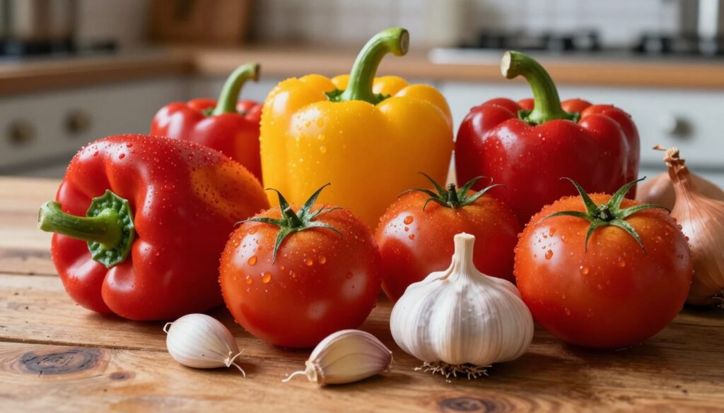 A vibrant still life composition featuring a variety of fresh vegetables: bell peppers in rich hues of red and yellow, ripe tomatoes glistening with dew, aromatic garlic cloves, and a bunch of shallots with their papery skins. The foreground showcases these vegetables artfully arranged on a rustic wooden table, emphasizing their textures and colors. In the middle ground, soft natural lighting highlights their freshness, casting gentle shadows. The background features a blurred kitchen setting, subtly indicating a cooking environment. The mood is warm and inviting, suggesting a homey atmosphere perfect for preparing delicious dishes. The focus is on the vibrant textures and colors of the vegetables, conveying the freshness and flavor they bring to any meal. A vibrant still life composition featuring a variety of fresh vegetables: bell peppers in rich hues of red and yellow, ripe tomatoes glistening with dew, aromatic garlic cloves, and a bunch of shallots with their papery skins. The foreground showcases these vegetables artfully arranged on a rustic wooden table, emphasizing their textures and colors. In the middle ground, soft natural lighting highlights their freshness, casting gentle shadows. The background features a blurred kitchen setting, subtly indicating a cooking environment. The mood is warm and inviting, suggesting a homey atmosphere perfect for preparing delicious dishes. The focus is on the vibrant textures and colors of the vegetables, conveying the freshness and flavor they bring to any meal.
