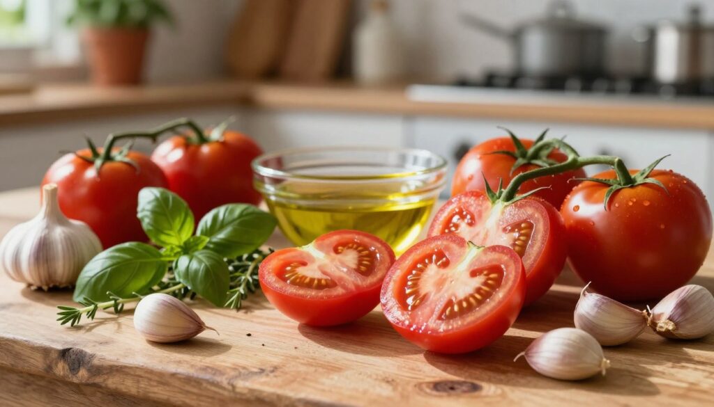 A vibrant still life featuring fresh tomatoes, garlic cloves, and a variety of herbs arranged artfully on a rustic wooden table. In the foreground, plump red ripe tomatoes are sliced open, revealing their juicy interior, surrounded by a few whole tomatoes. Scattered around are garlic cloves, some with their skins still on, and a bunch of fresh basil and oregano, enhancing the colorful palette. The middle ground includes a glass bowl filled with olive oil, hinting at the cooking process. A softly blurred kitchen background suggests warmth and homey ambiance, with hints of cookware and potted herbs. Natural sunlight streams in from the side, casting gentle shadows and creating a warm, inviting atmosphere. The overall mood is fresh, inviting, and conducive to a culinary experience.