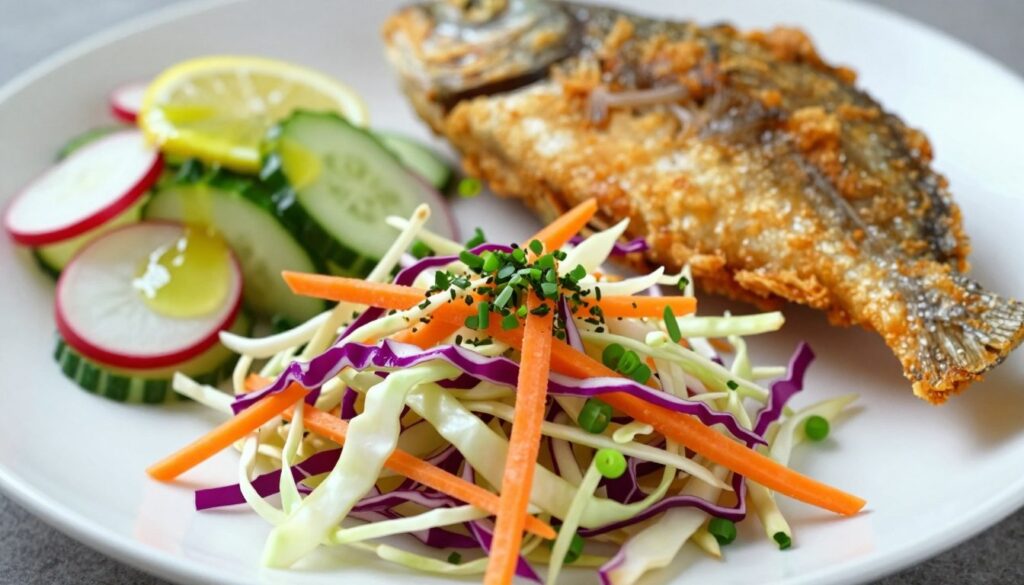 A visually appealing arrangement of fresh salads, designed as side dishes for fried fish, showcasing a vibrant mix of shredded vegetables. In the foreground, place a colorful cabbage slaw with finely shredded red and green cabbage, bright carrots, and green onions, garnished with a sprinkle of fresh herbs. In the middle ground, include a tangy cucumber and radish salad, drizzled with a fresh lemon vinaigrette, enhancing the idea of acidity. The background features a soft-focus plate of golden-brown fried fish, highlighting the crispiness of the meals. Use soft, natural lighting to create a fresh and inviting atmosphere, emphasizing the textures and colors of the salads. The angle should be slightly overhead to capture the arrangement beautifully. A visually appealing arrangement of fresh salads, designed as side dishes for fried fish, showcasing a vibrant mix of shredded vegetables. In the foreground, place a colorful cabbage slaw with finely shredded red and green cabbage, bright carrots, and green onions, garnished with a sprinkle of fresh herbs. In the middle ground, include a tangy cucumber and radish salad, drizzled with a fresh lemon vinaigrette, enhancing the idea of acidity. The background features a soft-focus plate of golden-brown fried fish, highlighting the crispiness of the meals. Use soft, natural lighting to create a fresh and inviting atmosphere, emphasizing the textures and colors of the salads. The angle should be slightly overhead to capture the arrangement beautifully.