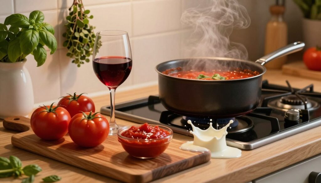 A visually appealing kitchen countertop scene capturing the essence of balancing acidity in a tomato sauce. In the foreground, a glossy wooden cutting board displays vibrant ingredients: ripe red tomatoes, a small bowl of concentrated tomato paste, a glass of fine red wine, and a splash of creamy milk. The middle ground features an elegant saucepan resting on a stove, with steam gently rising, suggestive of a simmering sauce. In the background, a softly lit kitchen with herbs like basil and oregano hanging on the wall adds warmth and a touch of rustic charm. The lighting is warm and inviting, casting soft shadows to create an atmosphere of comfort and culinary creativity. The angle is slightly top-down, showcasing the ingredients harmoniously arranged and the sauce in progress. A visually appealing kitchen countertop scene capturing the essence of balancing acidity in a tomato sauce. In the foreground, a glossy wooden cutting board displays vibrant ingredients: ripe red tomatoes, a small bowl of concentrated tomato paste, a glass of fine red wine, and a splash of creamy milk. The middle ground features an elegant saucepan resting on a stove, with steam gently rising, suggestive of a simmering sauce. In the background, a softly lit kitchen with herbs like basil and oregano hanging on the wall adds warmth and a touch of rustic charm. The lighting is warm and inviting, casting soft shadows to create an atmosphere of comfort and culinary creativity. The angle is slightly top-down, showcasing the ingredients harmoniously arranged and the sauce in progress.