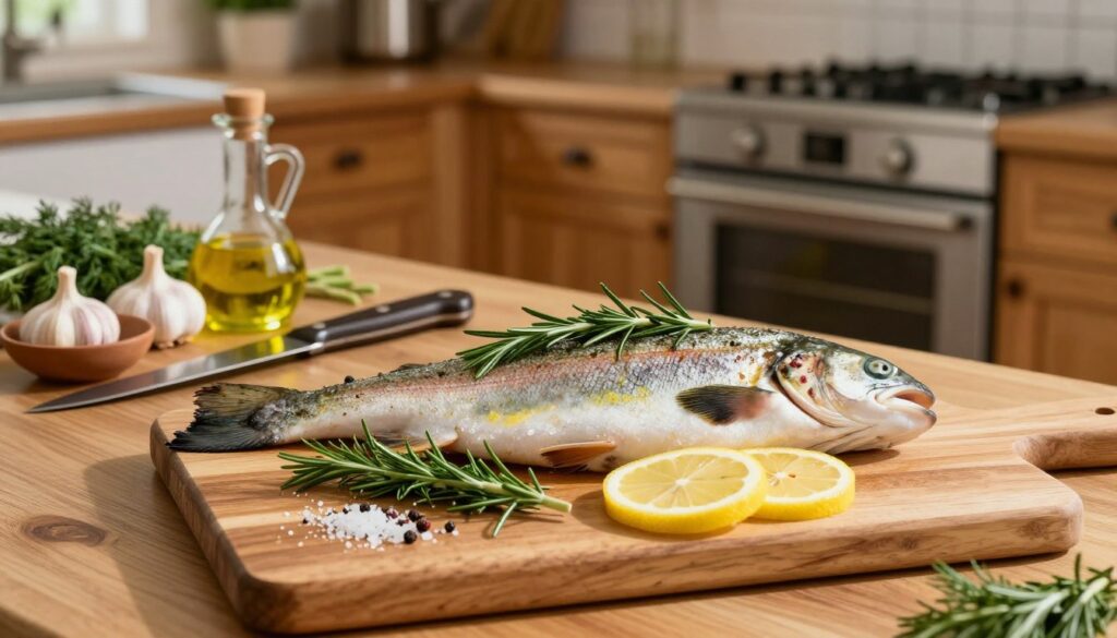 A visually appealing kitchen scene featuring an elegantly prepared trout ready for baking. In the foreground, a whole trout is laid on a wooden cutting board, garnished with fresh herbs like rosemary and dill, sliced lemon, and seasoned with salt and pepper. The middle ground shows various kitchen utensils, a sharp knife, and a bowl of additional ingredients, such as garlic and olive oil, creating a sense of preparation. The background reveals a warm, well-lit kitchen with a modern oven and rustic wooden cabinets, enhancing the inviting atmosphere. Soft, natural lighting illuminates the ingredients, casting gentle shadows. The composition focuses on the trout, inviting the viewer to appreciate the careful preparation steps while evoking a cozy culinary environment.