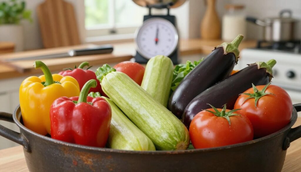 A visually engaging and informative image depicting a variety of colorful vegetables arranged in a large, rustic pot, symbolizing the ideal proportions for making leczo. In the foreground, feature vibrant bell peppers, zucchini, eggplant, and tomatoes, meticulously arranged to showcase their freshness and appeal. The middle ground should include a wooden cutting board with a knife and measuring scales, suggesting the precise gram weights and measurements. The background can feature a warm kitchen setting with soft, natural lighting filtering through a window, creating a cozy and inviting atmosphere that emphasizes the home-cooked essence of leczo. The image should evoke a sense of clarity and organization, reflecting the meticulous balance of vegetables needed for optimal taste without dilution. A visually engaging and informative image depicting a variety of colorful vegetables arranged in a large, rustic pot, symbolizing the ideal proportions for making leczo. In the foreground, feature vibrant bell peppers, zucchini, eggplant, and tomatoes, meticulously arranged to showcase their freshness and appeal. The middle ground should include a wooden cutting board with a knife and measuring scales, suggesting the precise gram weights and measurements. The background can feature a warm kitchen setting with soft, natural lighting filtering through a window, creating a cozy and inviting atmosphere that emphasizes the home-cooked essence of leczo. The image should evoke a sense of clarity and organization, reflecting the meticulous balance of vegetables needed for optimal taste without dilution.