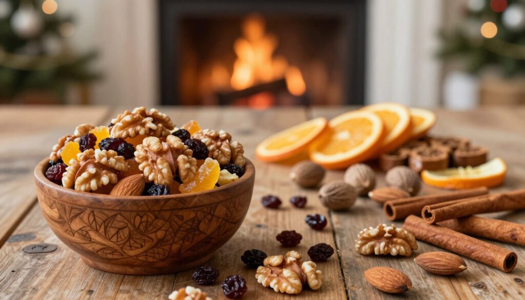 A visually rich assortment of dried fruits and nuts tailored for traditional gingerbread, prominently featuring chopped walnuts, almonds, candied orange peel, and dark raisins. In the foreground, showcase a decorative wooden bowl overflowing with the colorful mixture, juxtaposed against a rustic wooden table. The middle should capture scattered ingredients like whole nutmeg and cinnamon sticks, enhancing the typical spices used in gingerbread. The background hints at a softly lit kitchen or a warm hearth, adorned with faint holiday decorations to evoke a cozy atmosphere. Use warm, natural lighting to create a rustic vibe, and capture the image with a slight overhead angle to emphasize the texture and variety of the ingredients. The overall mood should be inviting and festive, perfect for showcasing the harmony of flavors in gingerbread baking. A visually rich assortment of dried fruits and nuts tailored for traditional gingerbread, prominently featuring chopped walnuts, almonds, candied orange peel, and dark raisins. In the foreground, showcase a decorative wooden bowl overflowing with the colorful mixture, juxtaposed against a rustic wooden table. The middle should capture scattered ingredients like whole nutmeg and cinnamon sticks, enhancing the typical spices used in gingerbread. The background hints at a softly lit kitchen or a warm hearth, adorned with faint holiday decorations to evoke a cozy atmosphere. Use warm, natural lighting to create a rustic vibe, and capture the image with a slight overhead angle to emphasize the texture and variety of the ingredients. The overall mood should be inviting and festive, perfect for showcasing the harmony of flavors in gingerbread baking.