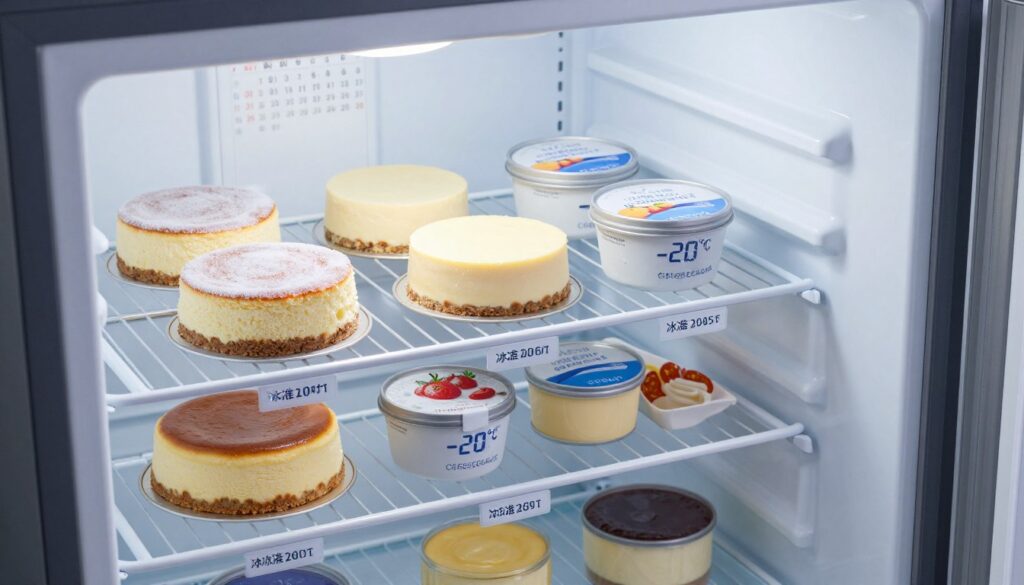 A visually striking, informative diagram illustrating freezing conditions for cheesecakes. In the foreground, a sleek, modern freezer with a clear temperature display showing -20°C. The middle section features a variety of cheesecakes in elegant containers, labeled with their individual freezing times and recommended storage durations. Soft, diffused lighting creates a cool, serene atmosphere, emphasizing the frosted edges of the cheesecakes. In the background, a subtle calendar grid notes optimal freshness timelines. The angle should be slightly tilted to give a dynamic view of the freezer's interior, highlighting the importance of proper freezing conditions. The overall mood is professional and educational, perfect for conveying the message of maintaining cheesecake quality during freezing. A visually striking, informative diagram illustrating freezing conditions for cheesecakes. In the foreground, a sleek, modern freezer with a clear temperature display showing -20°C. The middle section features a variety of cheesecakes in elegant containers, labeled with their individual freezing times and recommended storage durations. Soft, diffused lighting creates a cool, serene atmosphere, emphasizing the frosted edges of the cheesecakes. In the background, a subtle calendar grid notes optimal freshness timelines. The angle should be slightly tilted to give a dynamic view of the freezer's interior, highlighting the importance of proper freezing conditions. The overall mood is professional and educational, perfect for conveying the message of maintaining cheesecake quality during freezing.