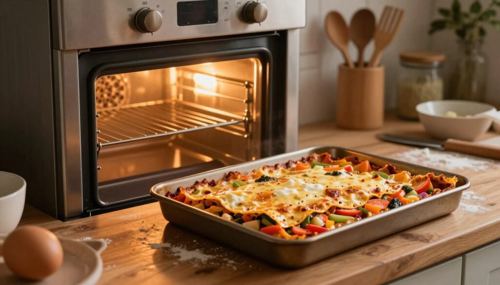 A warm, inviting kitchen scene featuring a hot oven preheating at 180-190°C, with the oven door slightly ajar, radiating a golden light. In the foreground, a baking tray filled with vibrant layers of tortilla-based lasagna, showcasing colorful fillings of vegetables and cheese, slightly bubbling at the edges. The tray is resting on a wooden countertop with a touch of flour scattered around, reflecting a casual cooking environment. In the background, soft, ambient lighting highlights rustic kitchen utensils and ingredients used in lasagna preparation, creating a cozy atmosphere. The overall mood is warm and appetizing, evoking the excitement of a home-cooked meal. The angle is slightly elevated to capture the entire scene and emphasize the glowing oven. A warm, inviting kitchen scene featuring a hot oven preheating at 180-190°C, with the oven door slightly ajar, radiating a golden light. In the foreground, a baking tray filled with vibrant layers of tortilla-based lasagna, showcasing colorful fillings of vegetables and cheese, slightly bubbling at the edges. The tray is resting on a wooden countertop with a touch of flour scattered around, reflecting a casual cooking environment. In the background, soft, ambient lighting highlights rustic kitchen utensils and ingredients used in lasagna preparation, creating a cozy atmosphere. The overall mood is warm and appetizing, evoking the excitement of a home-cooked meal. The angle is slightly elevated to capture the entire scene and emphasize the glowing oven.