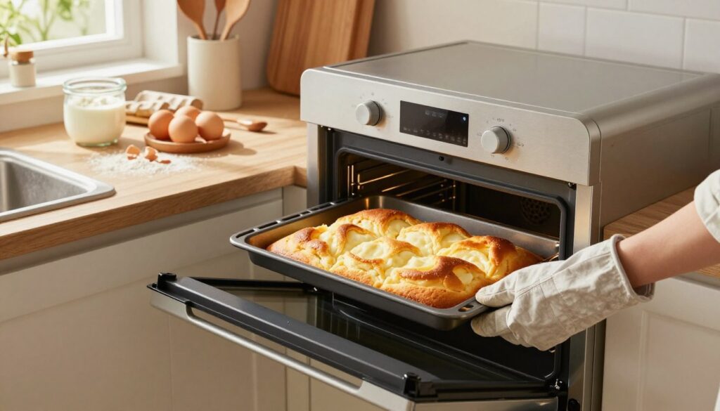 A warm, inviting kitchen scene focused on the moment of opening a modern oven. In the foreground, a hand in a light kitchen glove gently pulls the oven door open, revealing perfectly baked yogurt cake, golden and fluffy, on a baking tray. The middle ground shows a well-organized kitchen countertop with ingredients like yogurt, flour, and eggs artfully arranged, hinting at the baking process. In the background, soft, natural light pours in through a nearby window, illuminating the cozy atmosphere, with warm, earthy tones and kitchen utensils neatly placed. The angle is slightly above eye level, offering a clear view of the oven and countertop, creating a feeling of warmth and success in baking.