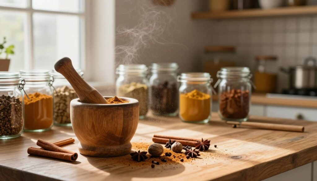 A warm, inviting kitchen scene focuses on the process of grinding gingerbread spices. In the foreground, a wooden mortar and pestle rest on a rustic kitchen table, filled with a colorful blend of whole spices like cinnamon sticks, nutmeg, and cloves. Delicate wisps of aromatic spice dust float lightly in the air, illuminated by soft, natural light streaming through a nearby window. The middle ground features an assortment of glass jars neatly arranged, each containing different ground spices, showcasing their rich textures and vibrant colors. In the background, a blurred view of shelves lined with baking ingredients suggests a cozy, homey atmosphere. The overall mood captures the essence of warmth and tradition associated with making gingerbread spice blends at home. A warm, inviting kitchen scene focuses on the process of grinding gingerbread spices. In the foreground, a wooden mortar and pestle rest on a rustic kitchen table, filled with a colorful blend of whole spices like cinnamon sticks, nutmeg, and cloves. Delicate wisps of aromatic spice dust float lightly in the air, illuminated by soft, natural light streaming through a nearby window. The middle ground features an assortment of glass jars neatly arranged, each containing different ground spices, showcasing their rich textures and vibrant colors. In the background, a blurred view of shelves lined with baking ingredients suggests a cozy, homey atmosphere. The overall mood captures the essence of warmth and tradition associated with making gingerbread spice blends at home.