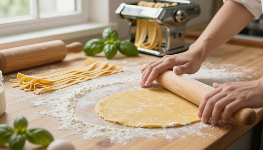 A warm kitchen scene featuring a wooden countertop covered with flour, showcasing the process of rolling out tagliatelle pasta. In the foreground, a skilled hand gently presses a wooden rolling pin onto a smooth, golden dough, flattening it into an elegant sheet. In the middle ground, thin, delicate strands of freshly cut tagliatelle lie neatly arranged, some still dusted with flour. The background includes rustic kitchen elements, like a pasta machine and vibrant green basil leaves, adding color and life. Light streams in softly from a nearby window, creating a cozy atmosphere. The composition emphasizes the art of handmade pasta, inviting warmth and authenticity into the scene.