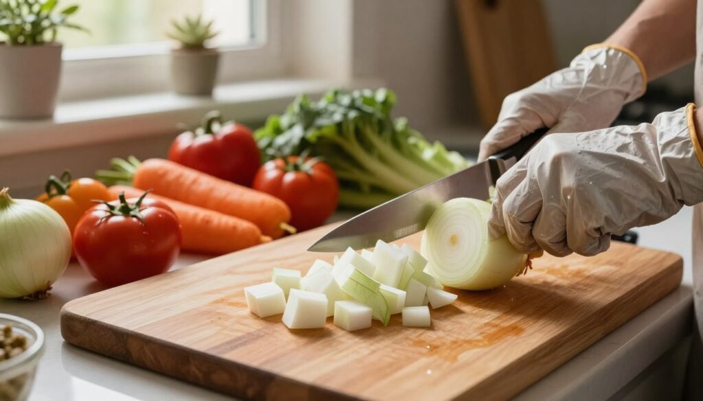 A well-lit kitchen setting with a wooden cutting board placed prominently in the foreground. On the board, a freshly peeled onion is being diced into uniform cubes using a sharp chef's knife held by a pair of hands wearing light-colored kitchen gloves. The knife glistens under soft, warm lighting that enhances the texture of the onion's layers and the polished surface of the board. In the middle background, a variety of colorful vegetables are neatly arranged, adding vibrancy to the scene. The kitchen is cozy and inviting, with plants on the windowsill and soft natural light filtering through sheer curtains, creating a calm and focused atmosphere. The angle is slightly overhead, capturing the cutting action and details of the onion dicing process. A well-lit kitchen setting with a wooden cutting board placed prominently in the foreground. On the board, a freshly peeled onion is being diced into uniform cubes using a sharp chef's knife held by a pair of hands wearing light-colored kitchen gloves. The knife glistens under soft, warm lighting that enhances the texture of the onion's layers and the polished surface of the board. In the middle background, a variety of colorful vegetables are neatly arranged, adding vibrancy to the scene. The kitchen is cozy and inviting, with plants on the windowsill and soft natural light filtering through sheer curtains, creating a calm and focused atmosphere. The angle is slightly overhead, capturing the cutting action and details of the onion dicing process.