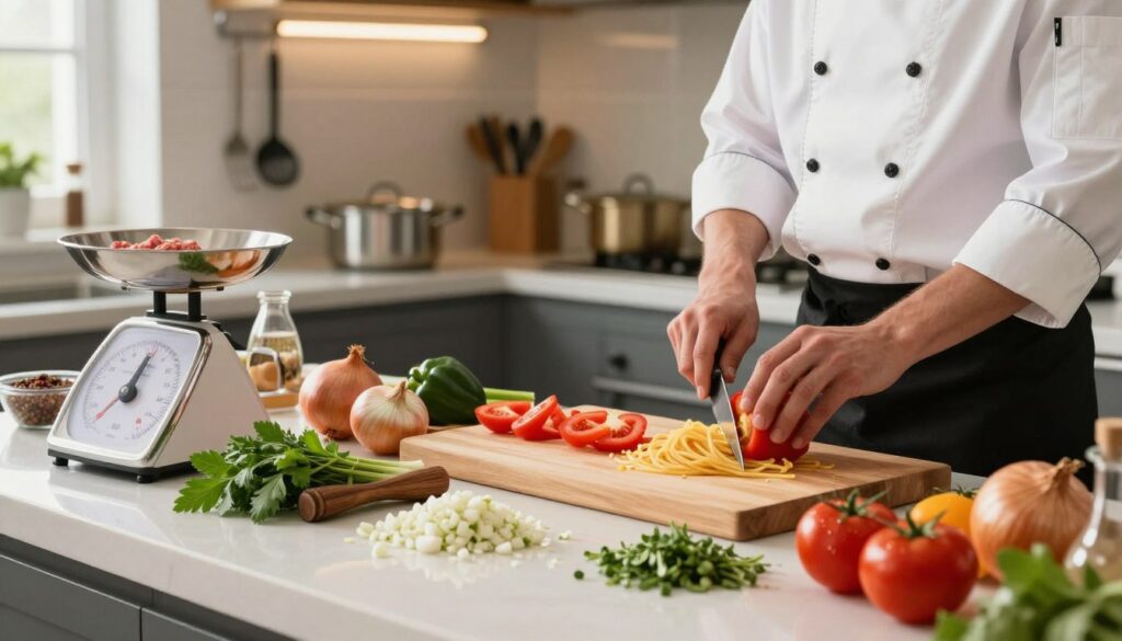 A well-organized kitchen countertop bustling with preparations for a hearty spaghetti dish. In the foreground, fresh ingredients like diced tomatoes, finely chopped onions, minced garlic, and vibrant herbs are neatly arranged on a wooden cutting board. A set of scales sits nearby, showing precise measurements of ground meat and spices. In the middle ground, a chef in a professional kitchen attire skillfully slices bell peppers and organizes utensils, radiating focus and determination. The background showcases a softly lit kitchen with pots hanging and cooking tools, creating a warm and inviting atmosphere. The light from a window casts a gentle glow, emphasizing the freshness of the ingredients and the active preparation process. The scene captures the essence of culinary art with an emphasis on organization and meticulous preparation.
