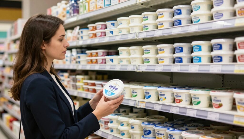 A well-organized supermarket shelf showcasing various types of cream cheese, including mascarpone, with distinct labeling showing fat content and flavors. In the foreground, a shopper, dressed in a smart casual outfit, is thoughtfully examining a tub of cream cheese, with a look of consideration on their face. The middle ground features neatly arranged products, highlighting creamy textures and vibrant packaging designs. The background displays bright, soft lighting that emphasizes the freshness of the dairy products, creating an inviting atmosphere. The angle is slightly elevated, allowing a clear view of both the shopper and the shelf, focusing on the decision-making process of selecting the right cream cheese for baking. The mood is informative and engaging, suitable for a culinary exploration. A well-organized supermarket shelf showcasing various types of cream cheese, including mascarpone, with distinct labeling showing fat content and flavors. In the foreground, a shopper, dressed in a smart casual outfit, is thoughtfully examining a tub of cream cheese, with a look of consideration on their face. The middle ground features neatly arranged products, highlighting creamy textures and vibrant packaging designs. The background displays bright, soft lighting that emphasizes the freshness of the dairy products, creating an inviting atmosphere. The angle is slightly elevated, allowing a clear view of both the shopper and the shelf, focusing on the decision-making process of selecting the right cream cheese for baking. The mood is informative and engaging, suitable for a culinary exploration.