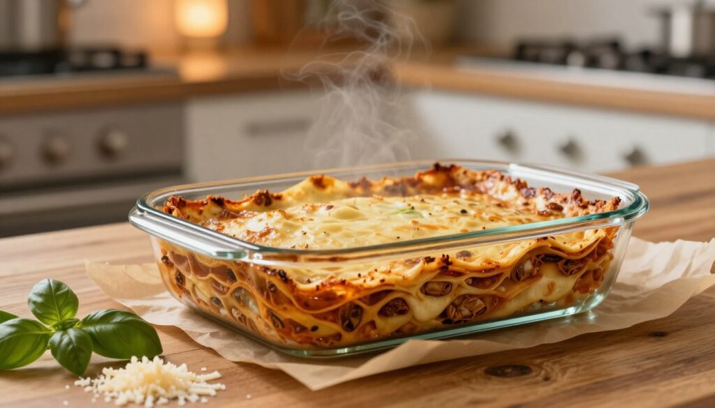 A well-prepared baking dish for lasagna is the focal point of the image, featuring a clear glass or ceramic dish with smooth, even edges, sitting on a rustic wooden kitchen countertop. The foreground includes a selection of ingredients like fresh basil and grated cheese next to the dish, hinting at the lasagna preparation. In the middle ground, place a lightly oiled parchment paper slightly crumpled, ready for use to prevent sticking. The background showcases a softly lit kitchen, with warm, ambient lighting creating a cozy atmosphere. Use a shallow depth of field to focus on the dish, capturing the texture of the ceramic and a hint of steam rising from it, conveying the anticipation of baking.