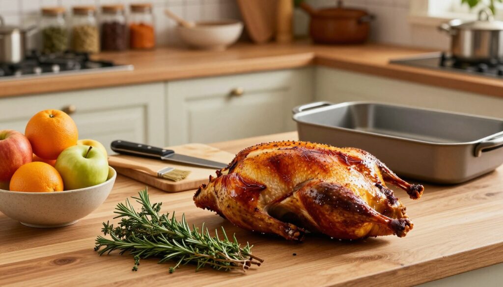 A well-prepared kitchen countertop is filled with ingredients for roasting duck. In the foreground, a beautifully cleaned whole duck is displayed with its skin marked for scoring, glistening in light reflecting off the polished surface. Beside it, aromatic herbs like thyme and rosemary are artfully arranged, with a bowl of fresh fruit, such as apples and oranges, ready to infuse flavor. In the middle ground, utensils like a sharp knife, cutting board, and basting brush are neatly arranged, while a roasting pan is positioned, awaiting the duck. The background features a softly lit kitchen with rustic wooden shelves adorned with spices and cooking equipment. The scene conveys a warm, inviting atmosphere of culinary preparation, with natural, warm lighting enhancing the colors and textures of the ingredients.