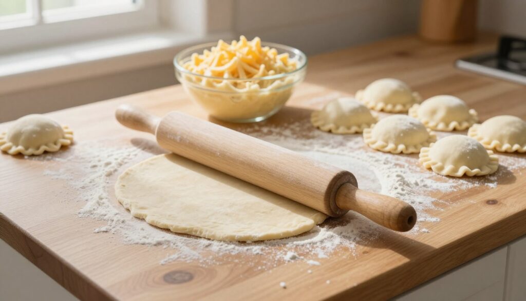 A wooden kitchen countertop with a smooth surface covered in a light dusting of flour. In the foreground, a rolling pin is positioned on top of the dough, which is in the process of being rolled out to a thin, even layer. Surrounding the rolling pin, pieces of dough can be seen, some rolled out while others wait to be flattened. In the middle background, a bowl filled with creamy filling, such as potato and cheese, is ready for use. Soft, natural light filters in from a nearby window, casting gentle shadows that enhance the warmth of the wooden surfaces. The mood is inviting and homey, evoking a sense of traditional, family-oriented cooking. The image captures the essence of preparing pierogi, emphasizing the care and craftsmanship of the process. A wooden kitchen countertop with a smooth surface covered in a light dusting of flour. In the foreground, a rolling pin is positioned on top of the dough, which is in the process of being rolled out to a thin, even layer. Surrounding the rolling pin, pieces of dough can be seen, some rolled out while others wait to be flattened. In the middle background, a bowl filled with creamy filling, such as potato and cheese, is ready for use. Soft, natural light filters in from a nearby window, casting gentle shadows that enhance the warmth of the wooden surfaces. The mood is inviting and homey, evoking a sense of traditional, family-oriented cooking. The image captures the essence of preparing pierogi, emphasizing the care and craftsmanship of the process.