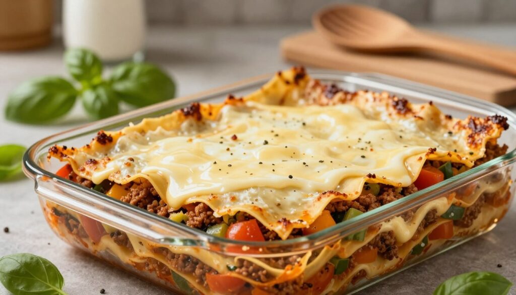 An artistic arrangement of lasagna ingredients, showcasing layers of fresh pasta, rich meat sauce, creamy béchamel, and vibrant vegetables, emphasizing their colors and textures. In the foreground, a close-up view displays a semi-transparent baking dish filled with neatly layered ingredients, glistening with mozzarella cheese on top. The middle section features herbs like basil and oregano scattered around, enhancing the visual appeal. In the background, a rustic kitchen setting with warm, soft lighting creates an inviting atmosphere, accentuated by wooden utensils and a cutting board. The image should evoke a sense of homemade comfort and culinary expertise, inviting viewers to appreciate the beauty of lasagna's components without any text or distractions. An artistic arrangement of lasagna ingredients, showcasing layers of fresh pasta, rich meat sauce, creamy béchamel, and vibrant vegetables, emphasizing their colors and textures. In the foreground, a close-up view displays a semi-transparent baking dish filled with neatly layered ingredients, glistening with mozzarella cheese on top. The middle section features herbs like basil and oregano scattered around, enhancing the visual appeal. In the background, a rustic kitchen setting with warm, soft lighting creates an inviting atmosphere, accentuated by wooden utensils and a cutting board. The image should evoke a sense of homemade comfort and culinary expertise, inviting viewers to appreciate the beauty of lasagna's components without any text or distractions.