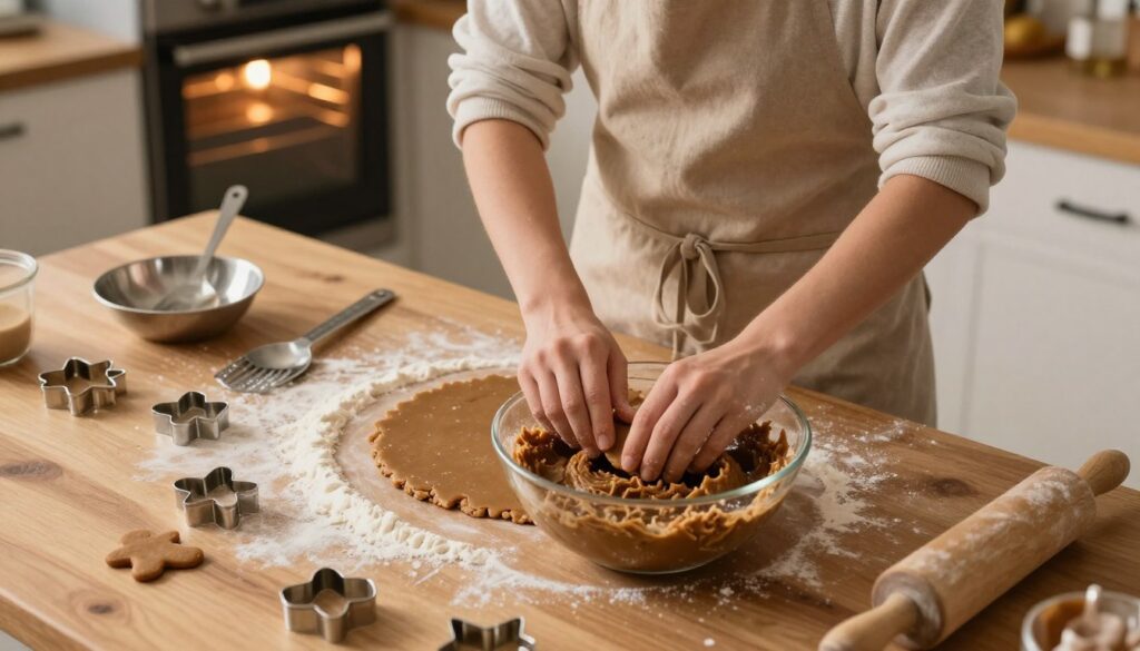 An inviting kitchen scene focused on the preparation of gingerbread dough. In the foreground, a wooden countertop is scattered with flour and cookie cutters in various shapes. A mixing bowl filled with a rich, brown gingerbread mixture sits prominently, with a rolling pin and measuring spoons nearby. In the middle ground, a baker wearing a modest apron, engaged in kneading the dough, adds a human element to the scene, reflecting concentration and care. The background features an oven preheating, with a warm, golden light casting soft shadows. The ambiance is cozy and homely, evoking the holiday spirit of baking. The angle is slightly overhead, capturing the full workspace and the baker's focused expression, emphasizing the preparation process that ensures perfectly baked gingerbread.