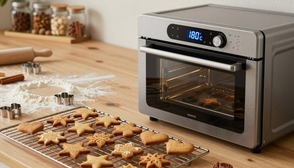 An inviting kitchen with a modern, sleek oven displaying a bright digital temperature readout set to 180°C. In the foreground, a batch of gingerbread cookies shaped like stars and hearts, perfectly browned and awaiting icing, rests on a cooling rack. The background features a rustic wooden countertop decorated with flour, rolling pins, and cookie cutters, hinting at the baking process. Soft, warm lighting illuminates the scene, creating a cozy atmosphere. The angle of the shot captures the oven and cookies while also including a glimpse of an elegant spice rack adorned with jars of cinnamon and nutmeg. The image conveys a sense of warmth and homeliness, invoking the joy of baking festive treats.