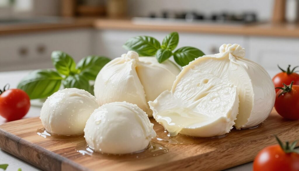 Fresh mozzarella balls glistening in their brine, displayed prominently in the foreground. Soft, creamy fior di latte cheese, slightly melting, sits beside a block of low-moisture mozzarella. Next to them, a slice of buffalo mozzarella is elegantly cut to showcase its texture. In the middle ground, a rustic wooden board acts as the serving platter, adorned with fresh basil leaves and ripe cherry tomatoes to create a vibrant color contrast. The background features a gentle blur of a warm kitchen, illuminated by soft, natural lighting that enhances the freshness of the ingredients. The atmosphere is inviting and appetizing, evoking thoughts of artisanal pizza-making. A top-down angle captures the essence and arrangement of the cheeses, without any text or distractions. Fresh mozzarella balls glistening in their brine, displayed prominently in the foreground. Soft, creamy fior di latte cheese, slightly melting, sits beside a block of low-moisture mozzarella. Next to them, a slice of buffalo mozzarella is elegantly cut to showcase its texture. In the middle ground, a rustic wooden board acts as the serving platter, adorned with fresh basil leaves and ripe cherry tomatoes to create a vibrant color contrast. The background features a gentle blur of a warm kitchen, illuminated by soft, natural lighting that enhances the freshness of the ingredients. The atmosphere is inviting and appetizing, evoking thoughts of artisanal pizza-making. A top-down angle captures the essence and arrangement of the cheeses, without any text or distractions.