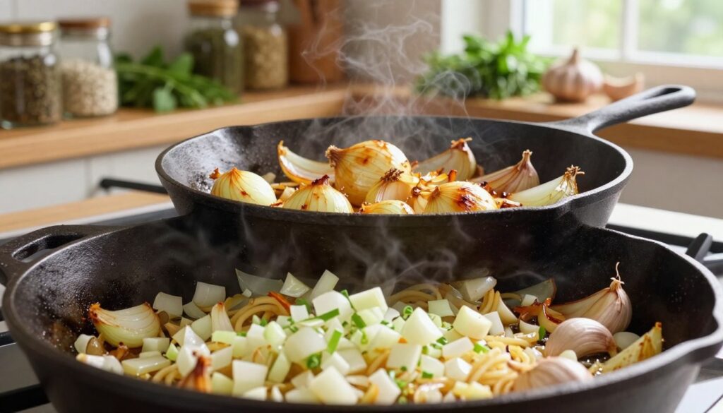 In a warm, inviting kitchen setting, a cast-iron skillet sizzling with golden-brown onions and cloves of garlic, their rich textures and vibrant colors catching the light. The foreground features finely chopped garlic and diced onion, glistening with a hint of oil, while the middle layer shows the skillet with the ingredients perfectly caramelized, emitting a delightful aroma. In the background, shelves lined with various herbs and spices create a homely atmosphere. Soft, natural light filters through a nearby window, casting gentle shadows that enhance the scene's warmth. The overall mood is cozy and inviting, capturing the essence of home cooking while demonstrating the essential technique of sautéing garlic and onion for a delicious spaghetti sauce. In a warm, inviting kitchen setting, a cast-iron skillet sizzling with golden-brown onions and cloves of garlic, their rich textures and vibrant colors catching the light. The foreground features finely chopped garlic and diced onion, glistening with a hint of oil, while the middle layer shows the skillet with the ingredients perfectly caramelized, emitting a delightful aroma. In the background, shelves lined with various herbs and spices create a homely atmosphere. Soft, natural light filters through a nearby window, casting gentle shadows that enhance the scene's warmth. The overall mood is cozy and inviting, capturing the essence of home cooking while demonstrating the essential technique of sautéing garlic and onion for a delicious spaghetti sauce.