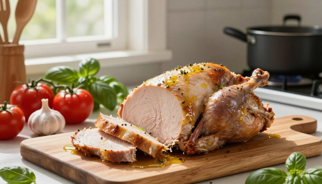 Juicy turkey meat in a fresh, vibrant kitchen setting, prominently displayed on a clean wooden cutting board. The turkey is sliced, showcasing its tender texture, glistening with a light coating of olive oil and herbs. In the background, ingredients like ripe tomatoes, garlic, and fresh basil are artistically arranged, hinting at a delicious sauce. Soft, natural lighting filters through a nearby window, casting gentle shadows for depth. The scene is framed by assorted cooking utensils and a pot simmering on the stove, evoking a warm, inviting atmosphere. The focus should be on the succulent turkey, emphasizing its role in creating a rich, flavorful sauce without being dry. Juicy turkey meat in a fresh, vibrant kitchen setting, prominently displayed on a clean wooden cutting board. The turkey is sliced, showcasing its tender texture, glistening with a light coating of olive oil and herbs. In the background, ingredients like ripe tomatoes, garlic, and fresh basil are artistically arranged, hinting at a delicious sauce. Soft, natural lighting filters through a nearby window, casting gentle shadows for depth. The scene is framed by assorted cooking utensils and a pot simmering on the stove, evoking a warm, inviting atmosphere. The focus should be on the succulent turkey, emphasizing its role in creating a rich, flavorful sauce without being dry.