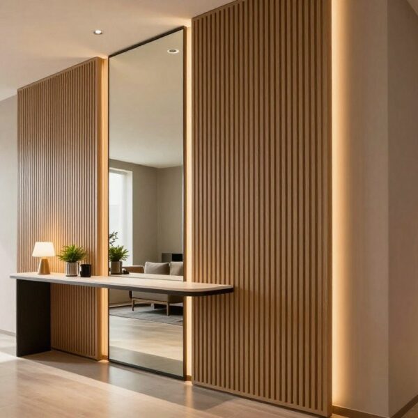 Lamele z lustrem w przedpokoju: jak zaplanować układ, wysokość i oświetlenie, żeby powiększyć przestrzeń