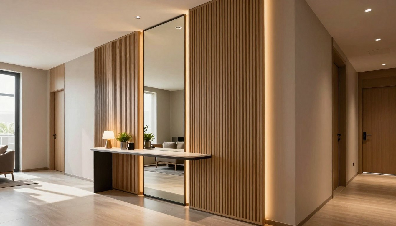 Lamele z lustrem w przedpokoju