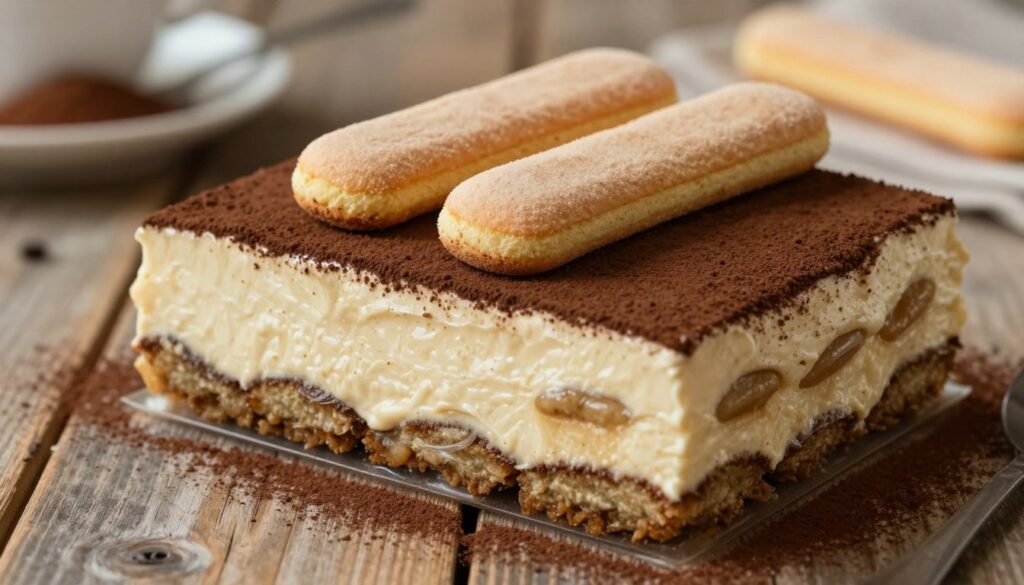 Layered composition of a vegan tiramisu preparation scene, showcasing a creamy and rich-looking "masa" in the foreground, with a smooth, luscious texture and rich, earthy tones. The middle layer features delicate ladyfinger biscuits, partially dipped in coffee, artistically arranged alongside the masa. In the background, a rustic wooden table enhances the natural, homey vibe, with soft natural light gently illuminating the scene. A sprinkle of cocoa powder adds depth, while a gentle focus blurs the background slightly, drawing attention to the dessert layers. The atmosphere is warm and inviting, evoking a sense of comfort and indulgence in plant-based cooking.