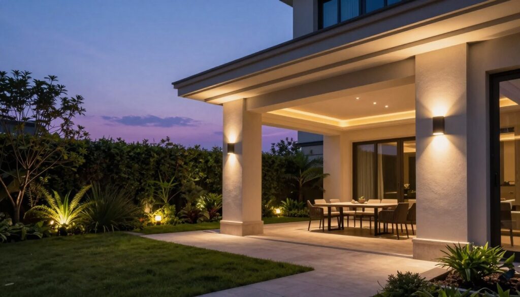 Soft, diffused lighting highlights a modern architectural exterior, showcasing a well-illuminated eaves and soffit design. In the foreground, elegant light fixtures are strategically positioned to provide optimal illumination without creating dark spots, demonstrating varying intensities in luminous output. The middle ground features lush greenery and a stylish patio area, subtly illuminated by warm-toned LED lights, enhancing a cozy atmosphere. The background displays a twilight sky painted in soft blues and purples, further accentuating the light contrast. The overall mood is inviting and tranquil, evoking a sense of harmony and balance in outdoor lighting. Use a wide-angle lens to emphasize the environment, capturing the interplay of light and shadow effectively. Soft, diffused lighting highlights a modern architectural exterior, showcasing a well-illuminated eaves and soffit design. In the foreground, elegant light fixtures are strategically positioned to provide optimal illumination without creating dark spots, demonstrating varying intensities in luminous output. The middle ground features lush greenery and a stylish patio area, subtly illuminated by warm-toned LED lights, enhancing a cozy atmosphere. The background displays a twilight sky painted in soft blues and purples, further accentuating the light contrast. The overall mood is inviting and tranquil, evoking a sense of harmony and balance in outdoor lighting. Use a wide-angle lens to emphasize the environment, capturing the interplay of light and shadow effectively.