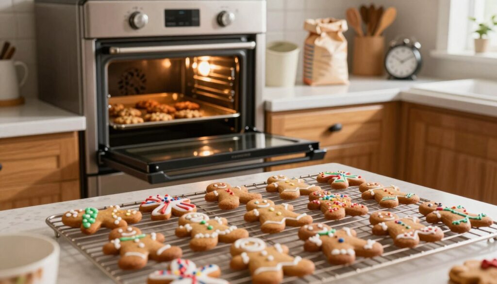 Warm, inviting kitchen scene featuring freshly baked gingerbread cookies on a cooling rack. The foreground shows a variety of uniquely shaped gingerbread cookies, artfully decorated with icing and sprinkles, glistening under soft, natural lighting. In the middle ground, there is a traditional oven with the door slightly ajar, revealing the golden-brown cookies inside, emanating an appetizing aroma. The background displays kitchen tools like measuring cups, flour bags, and a timer set to emphasize the theme of baking time. The atmosphere is cozy and festive, with warm wooden cabinets and subtle hints of seasonal decorations. Capture this moment from a slightly elevated angle, highlighting the details of the cookies while illustrating the joy of the baking process. Warm, inviting kitchen scene featuring freshly baked gingerbread cookies on a cooling rack. The foreground shows a variety of uniquely shaped gingerbread cookies, artfully decorated with icing and sprinkles, glistening under soft, natural lighting. In the middle ground, there is a traditional oven with the door slightly ajar, revealing the golden-brown cookies inside, emanating an appetizing aroma. The background displays kitchen tools like measuring cups, flour bags, and a timer set to emphasize the theme of baking time. The atmosphere is cozy and festive, with warm wooden cabinets and subtle hints of seasonal decorations. Capture this moment from a slightly elevated angle, highlighting the details of the cookies while illustrating the joy of the baking process.