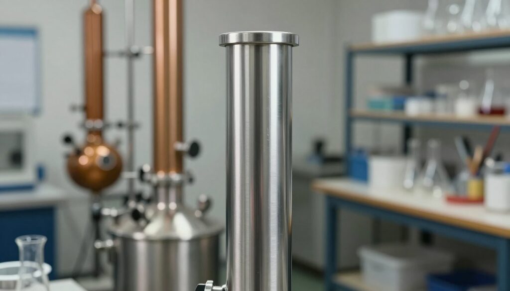 A 100 cm tall column made from stainless steel pipe, prominently displayed in the foreground with a polished, reflective surface showcasing its durability and industrial design. The column is positioned against a softly blurred workshop setting that suggests a distillation environment, with hints of distillation equipment in the middle ground. The background features shelves with various glassware and tools, blurred to emphasize depth. The lighting is bright and focused on the column, highlighting its sleek lines and craftsmanship, while creating soft shadows for depth. The overall atmosphere conveys a sense of professionalism and precision, with a clean and organized workspace aesthetic that complements the subject matter. A 100 cm tall column made from stainless steel pipe, prominently displayed in the foreground with a polished, reflective surface showcasing its durability and industrial design. The column is positioned against a softly blurred workshop setting that suggests a distillation environment, with hints of distillation equipment in the middle ground. The background features shelves with various glassware and tools, blurred to emphasize depth. The lighting is bright and focused on the column, highlighting its sleek lines and craftsmanship, while creating soft shadows for depth. The overall atmosphere conveys a sense of professionalism and precision, with a clean and organized workspace aesthetic that complements the subject matter.