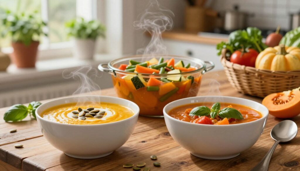 A beautiful arrangement of seasonal soups displayed on a rustic wooden table, showcasing a variety of vibrant colors and textures. In the foreground, a steaming bowl of creamy pumpkin soup garnished with pumpkin seeds, next to a hearty tomato basil soup with fresh basil leaves. The middle layer features a colorful pot of minestrone bursting with vegetables like carrots, green beans, and zucchini. The background is softly blurred, depicting a cozy kitchen with natural light streaming through the window, illuminating fresh herbs in pots and a basket of seasonal vegetables. The atmosphere is warm and inviting, evoking a sense of comfort and togetherness, perfect for a family meal. A beautiful arrangement of seasonal soups displayed on a rustic wooden table, showcasing a variety of vibrant colors and textures. In the foreground, a steaming bowl of creamy pumpkin soup garnished with pumpkin seeds, next to a hearty tomato basil soup with fresh basil leaves. The middle layer features a colorful pot of minestrone bursting with vegetables like carrots, green beans, and zucchini. The background is softly blurred, depicting a cozy kitchen with natural light streaming through the window, illuminating fresh herbs in pots and a basket of seasonal vegetables. The atmosphere is warm and inviting, evoking a sense of comfort and togetherness, perfect for a family meal.