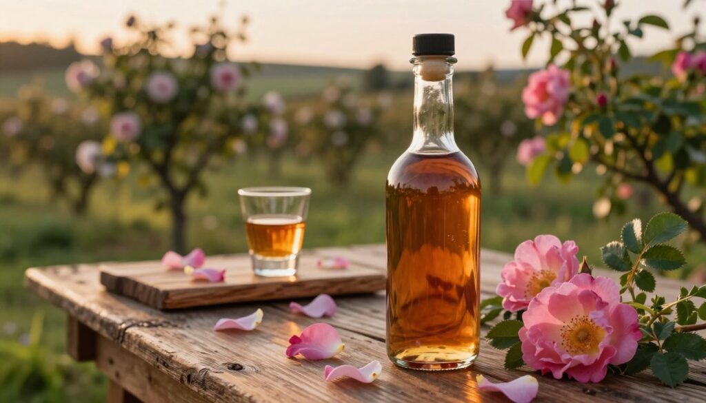 A beautiful glass bottle of wild rose liqueur, showcasing its rich amber color, is placed prominently in the foreground. Surrounding the bottle, fresh wild rose petals and leaves create an organic, vibrant setting. In the middle ground, a rustic wooden table features a small glass filled with the liqueur, reflecting the warm light. The background shows a softly blurred scenery of a traditional Polish countryside, with blooming rose bushes basking in the golden hour light. The ambiance is warm and inviting, evoking a sense of nostalgia and tradition. The lighting is soft and natural, enhancing the rich hues of the liqueur and the delicate petals, creating a serene and harmonious atmosphere that celebrates the heritage of this unique beverage.