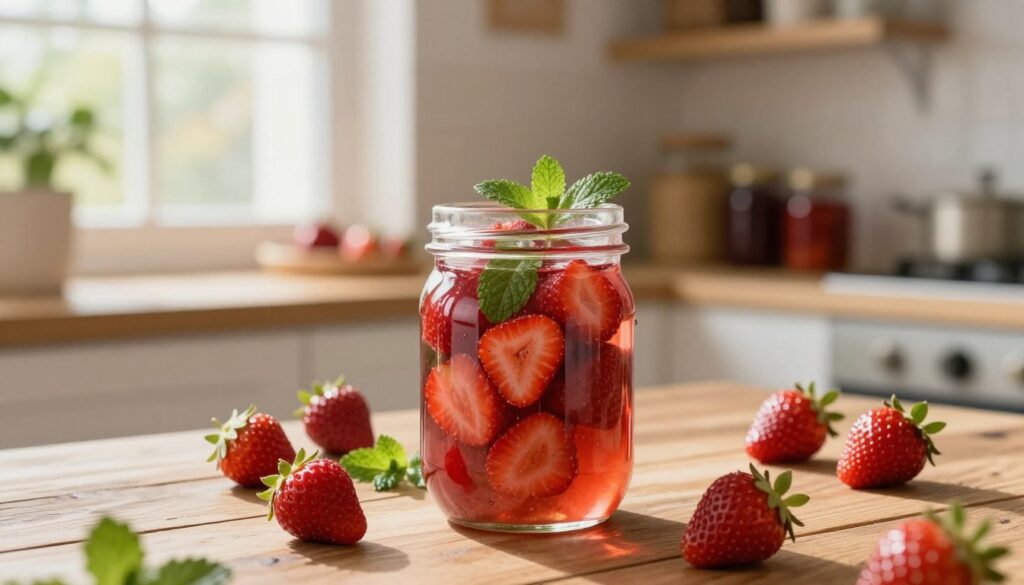 A beautiful jar of kompot truskawek, filled with vibrant red strawberries and infused with hints of mint leaves. The composition features the jar centered in the foreground, surrounded by fresh strawberries scattered artistically on a rustic wooden table. In the middle ground, a softly blurred kitchen scene with a sunny window letting in warm, natural light, creating a cheerful and inviting atmosphere. The background reveals shelves lined with jars of homemade preserves, contributing to the homely feel. The image is captured with a shallow depth of field, enhancing the focus on the jar while adding a touch of warmth and coziness to the overall composition. The mood should evoke comfort and creativity in home cooking. A beautiful jar of kompot truskawek, filled with vibrant red strawberries and infused with hints of mint leaves. The composition features the jar centered in the foreground, surrounded by fresh strawberries scattered artistically on a rustic wooden table. In the middle ground, a softly blurred kitchen scene with a sunny window letting in warm, natural light, creating a cheerful and inviting atmosphere. The background reveals shelves lined with jars of homemade preserves, contributing to the homely feel. The image is captured with a shallow depth of field, enhancing the focus on the jar while adding a touch of warmth and coziness to the overall composition. The mood should evoke comfort and creativity in home cooking.