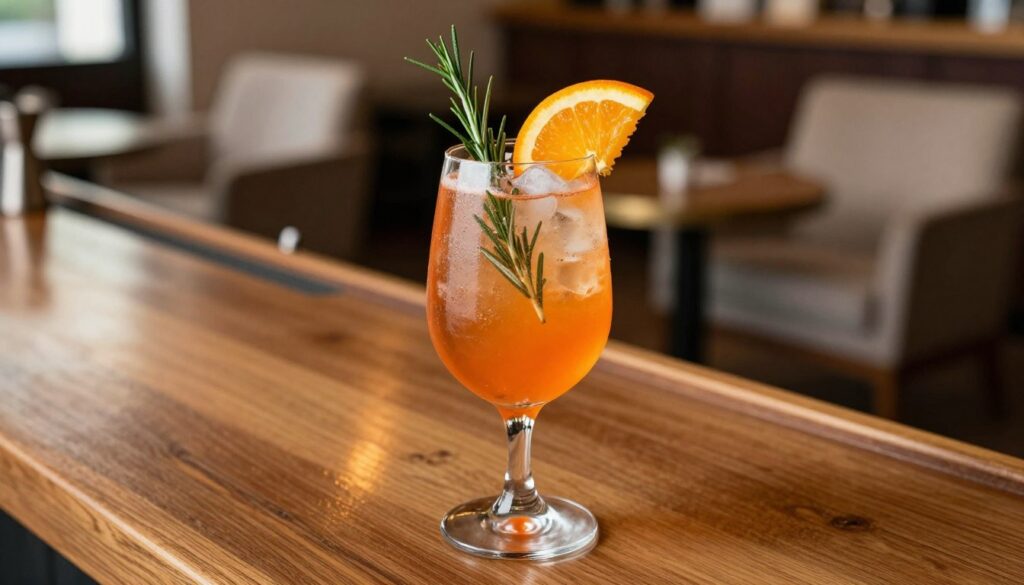 A beautifully arranged Aperol Spritz cocktail, featuring a vibrant orange hue, sits in an elegant glass filled with ice. The foreground captures the drink garnished with a slice of orange and a sprig of fresh rosemary, glistening under soft, natural lighting. In the middle, a cozy, upscale bar setting displays a wooden counter with reflections of warm ambient light. Behind the cocktail, a blurred background of a stylish lounge with soft, inviting furniture creates a relaxed atmosphere. The image conveys a sense of sophistication and leisure, inviting the viewer to savor the classic Italian cocktail. The composition is shot from a slightly elevated angle, emphasizing the drink while maintaining focus on the atmosphere. No text or branding is included. A beautifully arranged Aperol Spritz cocktail, featuring a vibrant orange hue, sits in an elegant glass filled with ice. The foreground captures the drink garnished with a slice of orange and a sprig of fresh rosemary, glistening under soft, natural lighting. In the middle, a cozy, upscale bar setting displays a wooden counter with reflections of warm ambient light. Behind the cocktail, a blurred background of a stylish lounge with soft, inviting furniture creates a relaxed atmosphere. The image conveys a sense of sophistication and leisure, inviting the viewer to savor the classic Italian cocktail. The composition is shot from a slightly elevated angle, emphasizing the drink while maintaining focus on the atmosphere. No text or branding is included.