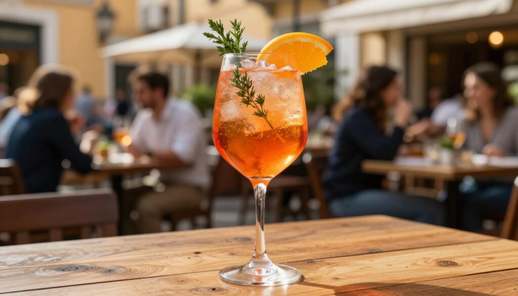 A beautifully arranged Aperol Spritz cocktail served in a large, elegant wine glass filled with ice, garnished with a bright orange slice and a sprig of fresh herbs. The glass is placed on a rustic wooden table, showcasing the vibrant orange-red hue of the drink. In the background, soft bokeh highlights a lively Italian cafe scene with patrons enjoying outdoor dining under warm golden sunlight, evoking a relaxed, inviting atmosphere. The lighting is warm and natural, creating a cheerful mood, while the angle is slightly overhead to capture the vibrant drink and the enchanting ambiance of the setting. No text or logos should be present in the image. A beautifully arranged Aperol Spritz cocktail served in a large, elegant wine glass filled with ice, garnished with a bright orange slice and a sprig of fresh herbs. The glass is placed on a rustic wooden table, showcasing the vibrant orange-red hue of the drink. In the background, soft bokeh highlights a lively Italian cafe scene with patrons enjoying outdoor dining under warm golden sunlight, evoking a relaxed, inviting atmosphere. The lighting is warm and natural, creating a cheerful mood, while the angle is slightly overhead to capture the vibrant drink and the enchanting ambiance of the setting. No text or logos should be present in the image.