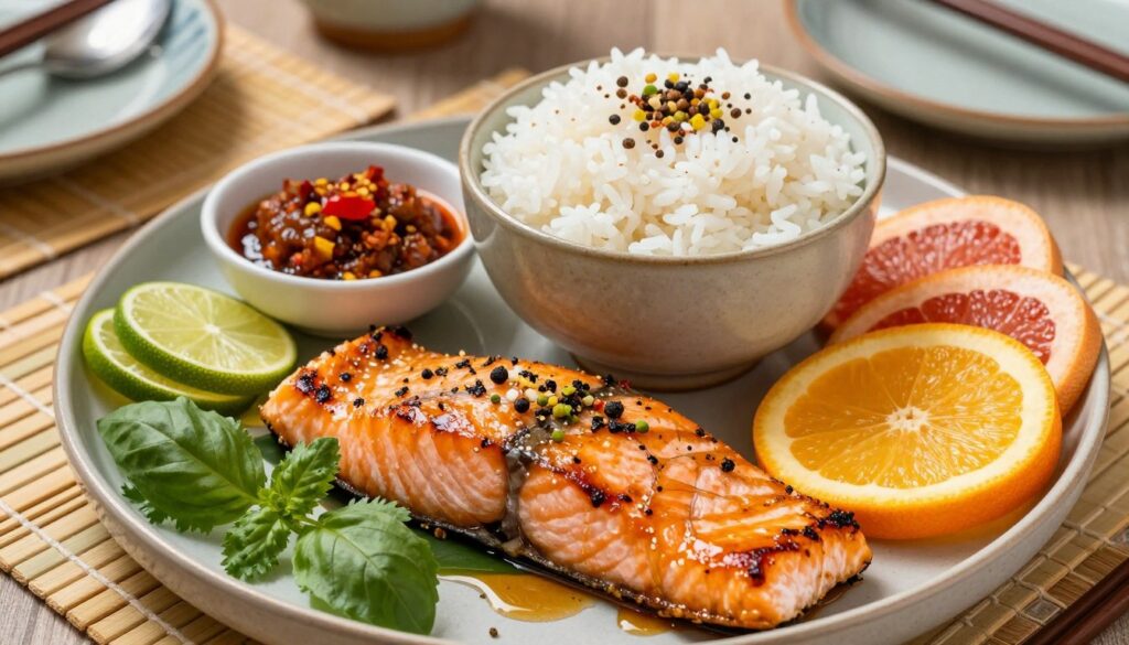 A beautifully arranged Asian-inspired dish featuring grilled salmon fillets, garnished with vibrant colors and exotic spices. In the foreground, the salmon glistens with a honey-soy glaze, surrounded by fresh herbs like cilantro and basil. There are slices of vibrant citrus fruits—lime, orange, and grapefruit—adding a pop of brightness. In the middle, a bowl of rich coconut rice sits beside a small dish of spicy chili paste, inviting texture and contrast. The background features bamboo placemats and soft Asian-style tableware. The lighting is warm and inviting, creating a cozy atmosphere. The angle captures the dish from a slight overhead view, showcasing the colors and arrangement beautifully, evoking a sense of culinary adventure and inspiration. A beautifully arranged Asian-inspired dish featuring grilled salmon fillets, garnished with vibrant colors and exotic spices. In the foreground, the salmon glistens with a honey-soy glaze, surrounded by fresh herbs like cilantro and basil. There are slices of vibrant citrus fruits—lime, orange, and grapefruit—adding a pop of brightness. In the middle, a bowl of rich coconut rice sits beside a small dish of spicy chili paste, inviting texture and contrast. The background features bamboo placemats and soft Asian-style tableware. The lighting is warm and inviting, creating a cozy atmosphere. The angle captures the dish from a slight overhead view, showcasing the colors and arrangement beautifully, evoking a sense of culinary adventure and inspiration.