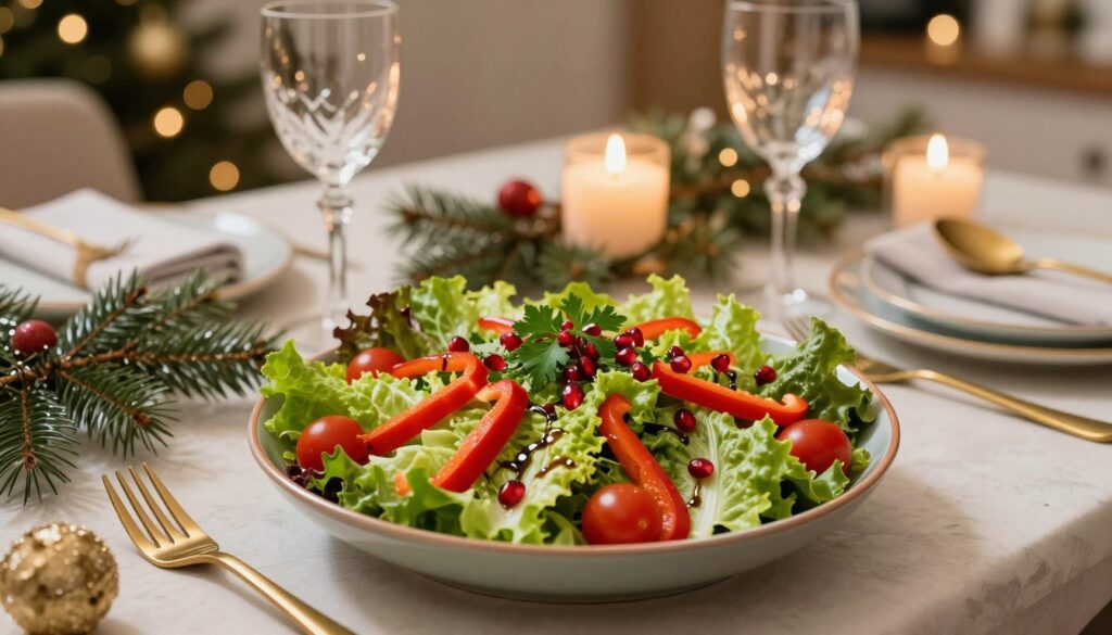 A beautifully arranged Christmas salad presented on an elegant table setting. In the foreground, a colorful bowl filled with vibrant ingredients such as crisp lettuce, bright red bell peppers, cherry tomatoes, and a sprinkle of pomegranate seeds. The salad is garnished with fresh herbs, and a drizzle of vinaigrette glistens under soft, warm lighting. In the middle, a festive table adorned with golden cutlery, sparkling glassware, and decorative elements like pine branches and holiday-themed centerpieces. In the background, a softly lit room with glowing candles and subtle holiday decorations enhances the cozy, celebratory atmosphere. The angle captures the inviting nature of the dish, making it the centerpiece, perfect for a festive meal.
