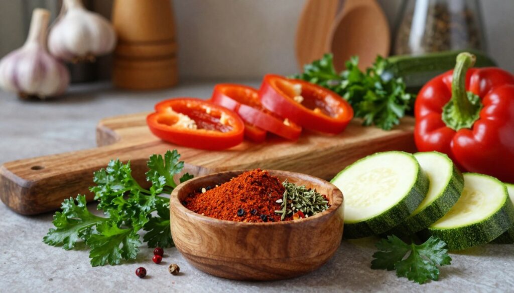 A beautifully arranged assortment of spices for leczo, featuring vibrant paprika, fresh zucchini, and herbs. In the foreground, showcase a small wooden bowl filled with rich, colorful spices such as smoked paprika, sweet pepper flakes, and dried oregano. Surround the bowl with fresh zucchini slices, whole bell peppers, and sprigs of parsley. The middle ground displays a rustic wooden cutting board, elegantly presenting chopped vegetables. In the background, softly blurred kitchen elements, like hanging garlic and assorted cooking utensils, create a warm and inviting atmosphere. Soft, natural lighting casts gentle shadows, enhancing the rich colors and textures of the spices and vegetables, conveying a cozy, culinary vibe that emphasizes the foundation of flavor for a delicious leczo dish. A beautifully arranged assortment of spices for leczo, featuring vibrant paprika, fresh zucchini, and herbs. In the foreground, showcase a small wooden bowl filled with rich, colorful spices such as smoked paprika, sweet pepper flakes, and dried oregano. Surround the bowl with fresh zucchini slices, whole bell peppers, and sprigs of parsley. The middle ground displays a rustic wooden cutting board, elegantly presenting chopped vegetables. In the background, softly blurred kitchen elements, like hanging garlic and assorted cooking utensils, create a warm and inviting atmosphere. Soft, natural lighting casts gentle shadows, enhancing the rich colors and textures of the spices and vegetables, conveying a cozy, culinary vibe that emphasizes the foundation of flavor for a delicious leczo dish.