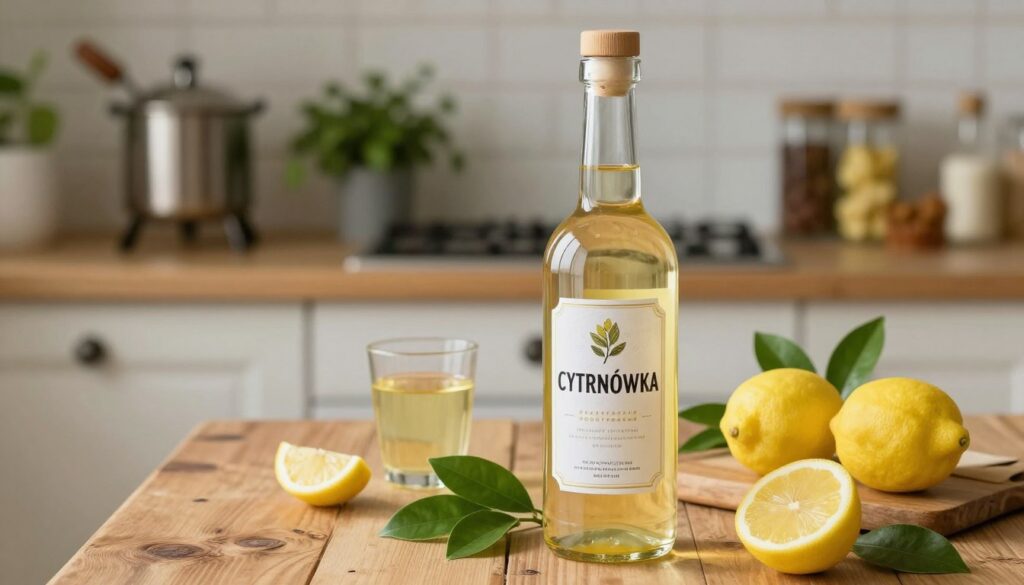 A beautifully arranged bottle of homemade cytrynówka, a lemon-infused spirit, prominently placed in the foreground, glistening under soft natural light. The bottle is surrounded by fresh lemons, vibrant green leaves, and a glass filled with the golden liquid, showcasing its clarity and color. In the middle ground, a rustic wooden table adds warmth, with hints of traditional distilling equipment subtly placed to evoke the process of making the spirit. The background features a gently blurred kitchen setting with herbs and spices neatly arranged on shelves, creating a cozy, inviting atmosphere. Soft focus and a warm color palette enhance the refreshing essence of the cytrynówka, inviting viewers to appreciate its health benefits and artisan quality.