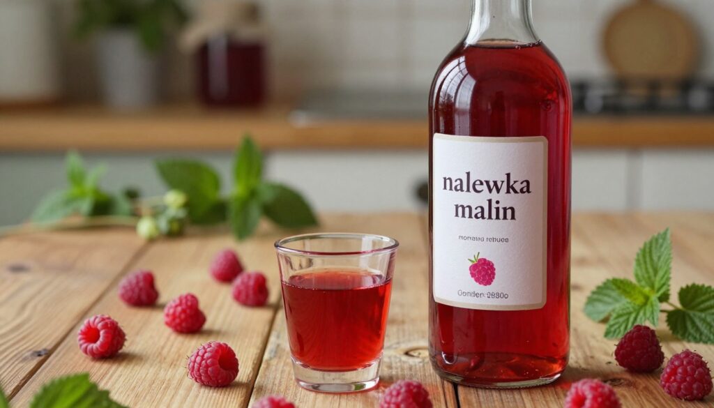 A beautifully arranged bottle of homemade "nalewka malin," a vibrant raspberry liqueur, sits in the foreground, glistening under soft, warm lighting that highlights its rich ruby-red color. Beside the bottle, a small glass filled with the liqueur reflects the light, showcasing its inviting hue. In the middle background, fresh raspberries are artfully scattered on a rustic wooden table, adding a touch of natural charm. Behind the scene, a blurred quaint kitchen setting with herbs and jars hints at a cozy home environment, evoking a sense of tradition and warmth. The angle is slightly tilted to create a dynamic view, capturing the essence of crafting this intense, aromatic homemade drink. The overall mood is inviting, emphasizing the homey aspect of making raspberry liqueur. A beautifully arranged bottle of homemade "nalewka malin," a vibrant raspberry liqueur, sits in the foreground, glistening under soft, warm lighting that highlights its rich ruby-red color. Beside the bottle, a small glass filled with the liqueur reflects the light, showcasing its inviting hue. In the middle background, fresh raspberries are artfully scattered on a rustic wooden table, adding a touch of natural charm. Behind the scene, a blurred quaint kitchen setting with herbs and jars hints at a cozy home environment, evoking a sense of tradition and warmth. The angle is slightly tilted to create a dynamic view, capturing the essence of crafting this intense, aromatic homemade drink. The overall mood is inviting, emphasizing the homey aspect of making raspberry liqueur.